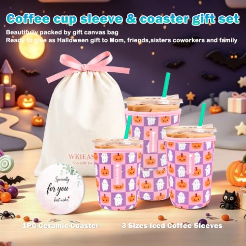Image of WKIEASON Iced Coffee Sleeve Halloween Cup Sleeves Ceramic Coaster Gift Set