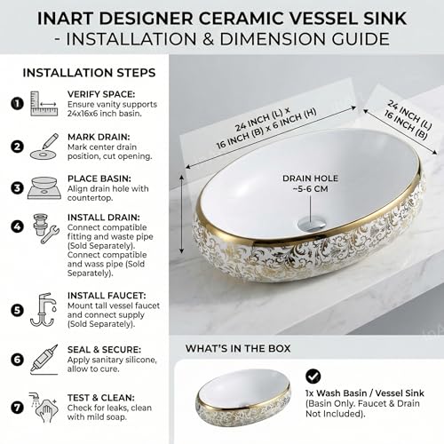 Image of InArt Designer Ceramic finish Wash Basin /Vessel Sink /Over or Above Counter Top Wash Basin for Bathroom Oval Shape, Golden (White, 24 x 16 x 6 Inch)