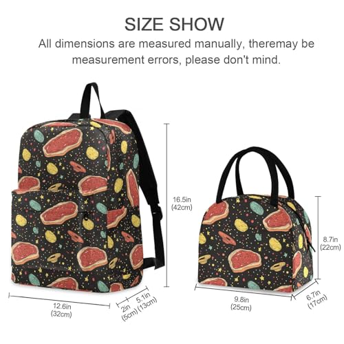 Backpack Lunch Box Set Large Capacity Travel Backpacks and Insulated Lunch Bag for Commute Hiking Picnic Anime Steak Print2