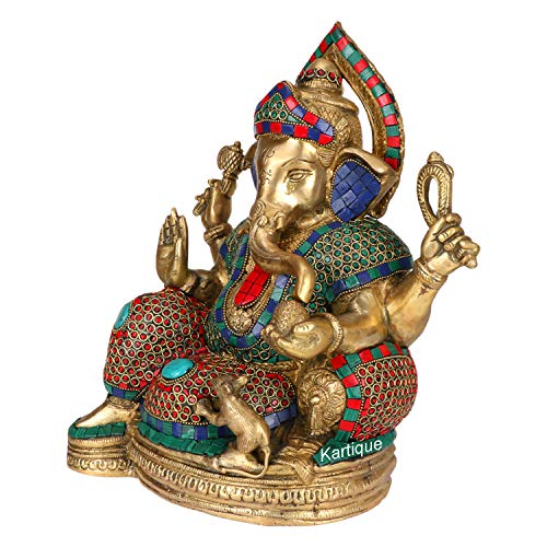Image of Kartique Brass Ganesha Idol Sitting Stone Inlay Multicolor 13 Inch