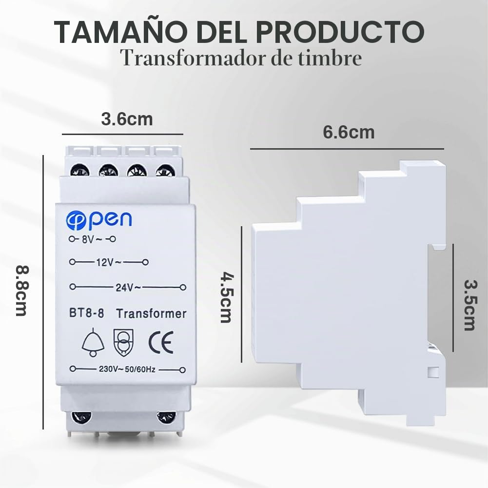 Transformador de Timbre, transformador para Timbres con Cable, Fuente de alimentación de riel DIN, 8V/12V/24V, Transformadors de Timbre Compatible Con Ring/Chime/timbre Inteligente (Blanco)