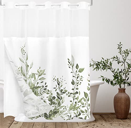 Tititex No Hooks Snap in Liner Olive Green Eucalyptus Leaves Shower Curtain Sets, Hotel Luxury Double Layers Waterproof Fabric & See-Through Top Window Bathroom Decorative 72x72 Inch