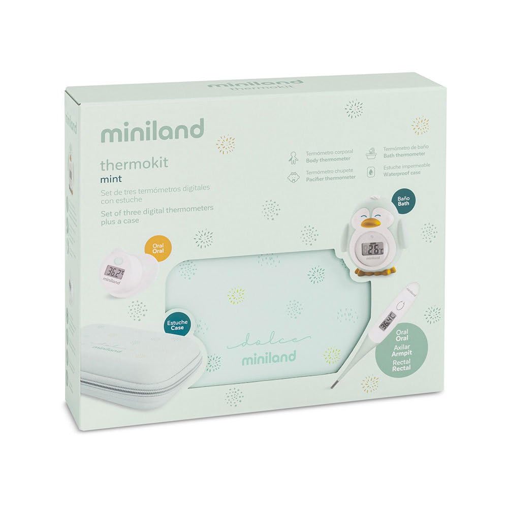 Miniland Set de Tres Termómetros Digital para Bebé con Práctico Neceser, Termómetro Chupete, Termómetro Corporal, Termómetro Baño | Thermokit Mint