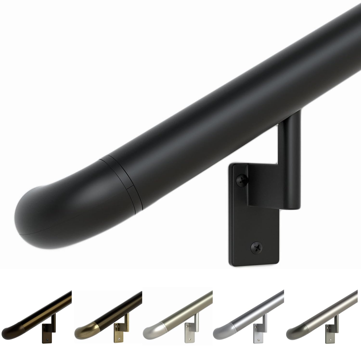 Promenaid 5ft ADA Handrail Kit - Satin Black - Complete Indoor/Outdoor Handrail for Stairs - 1.6" Round Anodized Aluminum Railing with 3 Satin Black Painted Pivoting Brackets & ADA Wall Returns