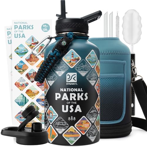Insulated Water Bottle | Thickened Stainless Steel Vacuum Metal | Portable Sports Half Gallon Large Water Jug for Gym and Hiking with Straw, Carrier Bag, Handle Strap | BPA-Free 64 oz