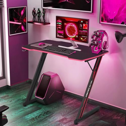 Image of 35 inch Z-Shaped Gaming Computer Desk with Hook - Cheap Home Office Desk for Bed, Sofa or Kids, Easy to Install, Lightweight to Move, Red