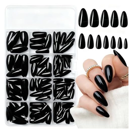 LoveOurHome 240pc Short Almond Press on Nails Colored Black Fake Nail Tips Full Cover Artificial Fingernail French Stiletto Manicure with Adhesive Tabs for Women Girls Kids
