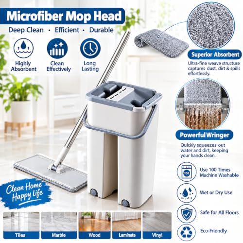 Image of Mop Heavy Quality Floor Mop with Bucket, Flexible Kitchen tap Flat Squeeze Cleaning Supplies 360 Flexible Head /2 Reusable Pads Clean Home Floor Cleaners