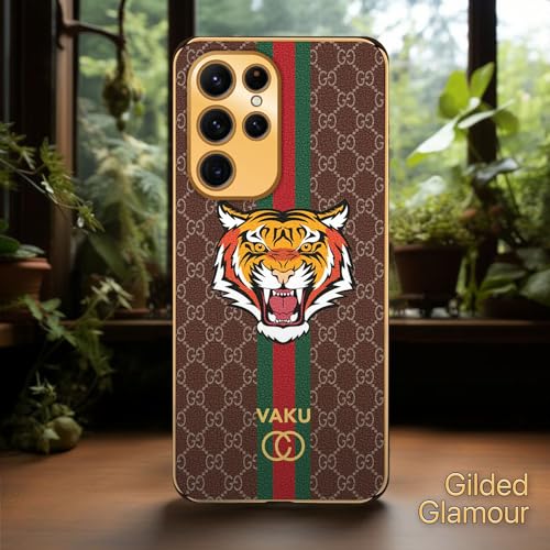 Image of Vaku Luxos Lynx Design Back Cover for Samsung Galaxy S23 Ultra with Leather Pattern Gold Electroplated Soft TPU Cover Shockproof Protective Case - Brown