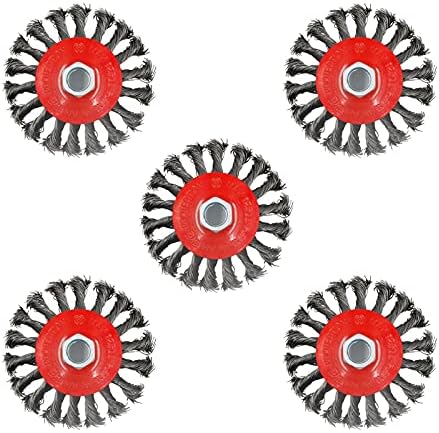 AUPREX 5 Pack 4 Inch Twist Knotted Wire Wheel Brush for Angle Grinder with 5/8 Inch-11 Threaded Arbor - 0.02 Inch Carbon Steel Wire for Heavy-Duty Conditioning for Various Metals