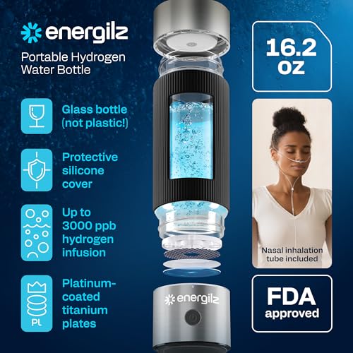 Energilz Hydrogen Water Bottle | Large 16.2 oz (480 ml) Hydrogen Water Bottle Generator 3000ppb | Hydrogenator Machine | SPE/PEM Hydrogenated Ionizer Generator (Steel w/Black)
