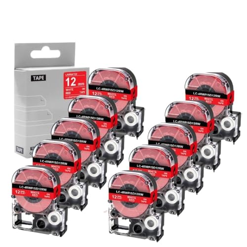 白いラベルテープの12mmブラック10pk LW-300 LW-400ラベルメーカー用SS12KW LK-4WBNプリンターリボンと互換性(White on Red)