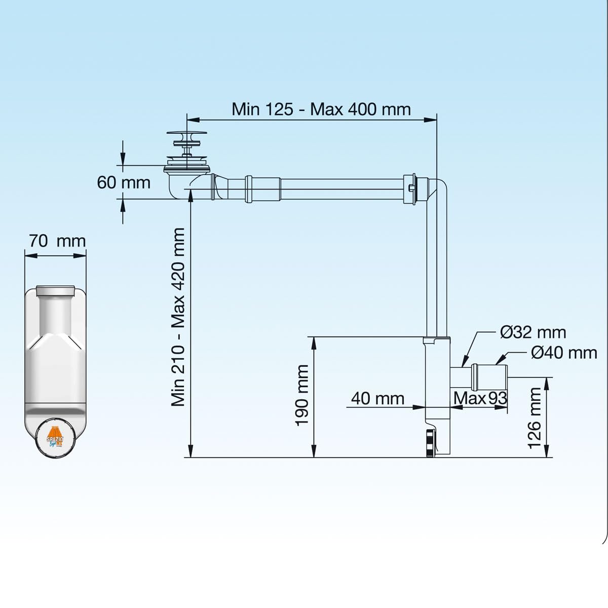 Siphon KIT Spazio Bagno NT + Raumsparstopfenventil SCHWARZ
