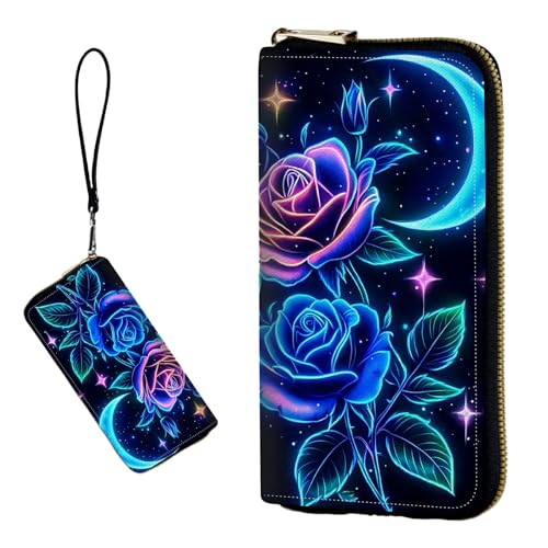 Women's RFID Blocking Wallet PU Leather Slim Bifold Wristlet Clutch with Large Capacity,16 Card Slots & Zipper Coin Purse Pocket Ladies Travel Purse Wristlet,Blue Roses Moon Stars