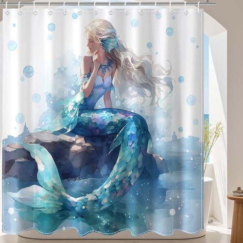 Mocsicka Blue Mermaid Shower Curtain for Mermaid Bathroom Decor, Cute Girls Bath Curtain with 12 Hooks Waterproof Fabric Ocean Shower Curtain for Girl Bathroom Decor Dorm Decor, 72 X 72 Inch