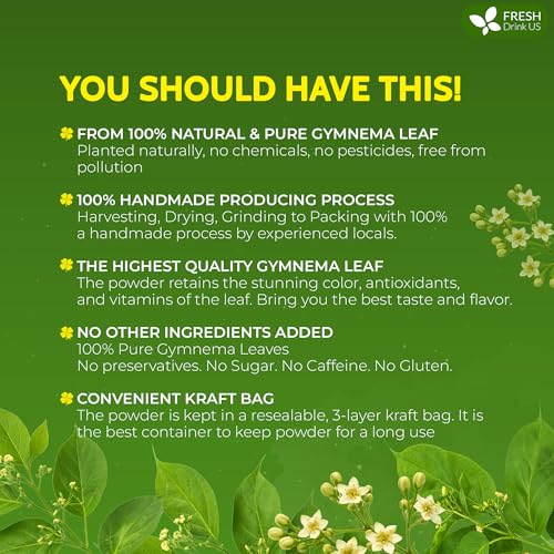 Image of FreshDrinkUS, Premium 16oz Gymnema Leaves Powder, 100% Natural & Pure, Herbal Tea, Daily Infusion Botanical, No Sugar, No Caffeine, No Gluten, Vegan. Rich in Antioxidants.