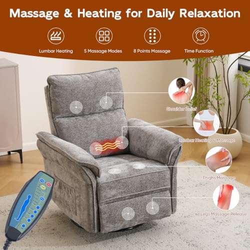 Image of Swivel Rocker Recliner with Auto Rocking,Power Recliner Nursery Chair with Massage and Heat,Glider Recliner Nursery Chair for Living Room,Grey