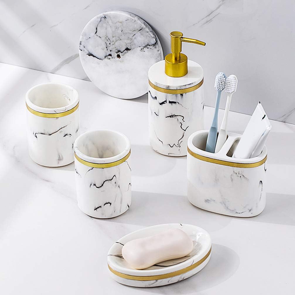 Cabilock 5pcs Marble Look Bathroom Accessory Set Stylish Hand Bottle Soap Dish Mouthwash Cups for Organized and Elegant Bath Spaces