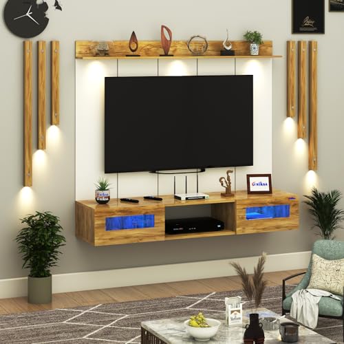Image of Anikaa OriloPro Engineered Wood Wall Mount TV Unit with PVC Back Panel, Acrylic Blue LED Storage Box, Side Wooden Accent Spot Light Panels I Deal for Up to 50 Inch TV (Giantwood - DIY Installation)