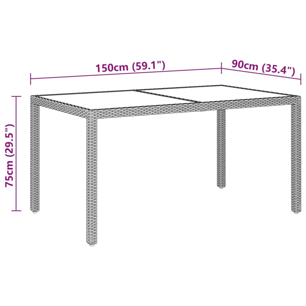 Mesa de jardín de 150 x 90 x 75 cm de polirratán y cristal templado con estructura de acero pulverizado, color beige, moderna mesa de exterior para terraza y jardín