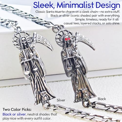 Santa Muerte Protection Bracelet - Mexican Spiritual Charm | Black/Silver | Día de los Muertos Gift for Men Boyfriend Husband Son3