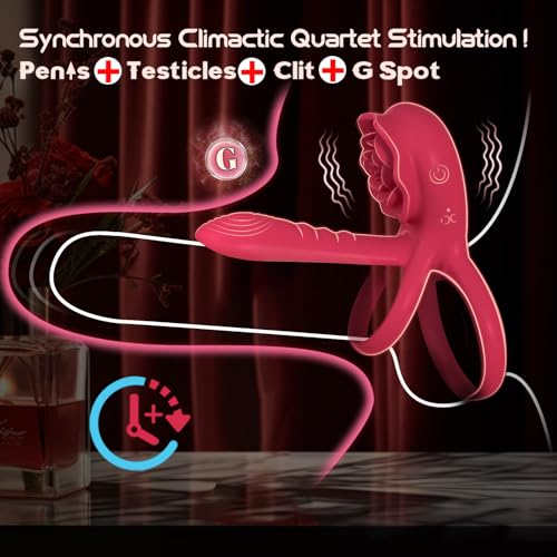 Image of Vibrating Cock Ring Penis Sleeve with Rose Clitoral Stimulator, Penis Ring Vibrator Couples Adult Sex Toys for Men Women, Male Female Couple Sex Toy with G Spot Clitoris Vibrator
