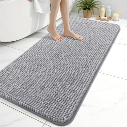 Homaxy Saugfähiger Dicker Chenille Badteppich 61×120 cm, Grau | Weich, Bequem, Rutschfest, TPR-Rückseite, Maschinenwaschbar, Badezimmerteppich, Badematte, Duschvorleger für Badezim