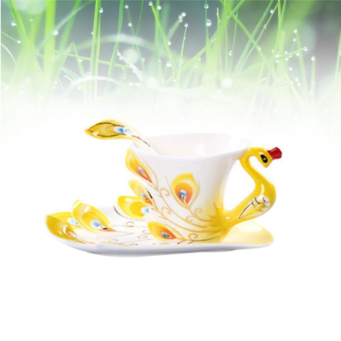 BESTOYARD Juego de Tazas de Café Color Amarillo Diseño Artístico Creativo de Cerámica Modernas Platillo y Cuchara Adecuado para Uso en Bodas y Hogar
