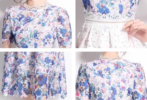 Image of LAI MENG FIVE CATS Women's Lace Floral Short Sleeve Crochet Waist Cocktail Midi Dress