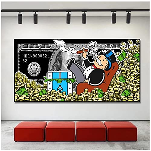 Wall Art 19.7x39.4in (50x100cm) x1pcs Geen Frame Street Art of Monopoly Liggend In Een Stapel Geld Canvas Schilderijen op de Muur Dollars Posters en Print voor Moderne ome Cuadros - Afbeelding 4