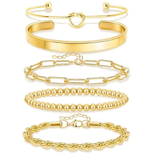 Gokeey Gold Cuff Bracelets for Women Waterproof, 14K Gold Plated Chunky Beaded Bracelet for Women, Satckable Forever Love Knot Infinity Paperclip Cuban Twist Bracelets Satck Set Gold Bangles for Women Jewelry Trendy