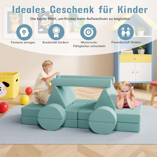 Clevich Spielsofa für Kinder, 15-Teiliges Modulare Kinderspielcouch, Kindersofa ausklappbar, Oeko-TEX100 Zertifiziert, Schlafsofa aus Schaumstoff, für Kuschelecke im Kinderzimmer, Kuschel-Cord (Grün)
