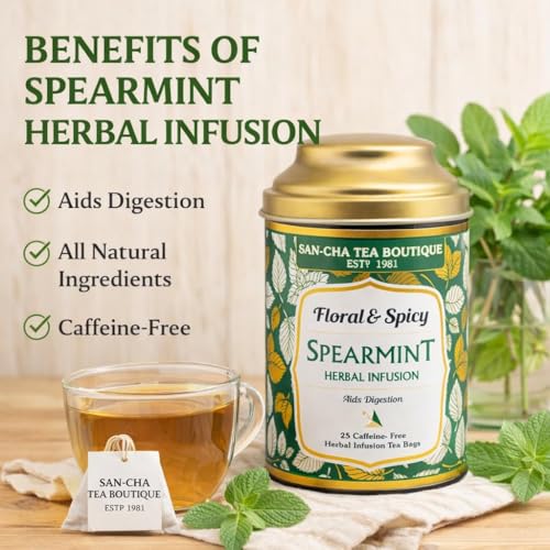 Image of Sancha Spearmint Herbal Tea Bags | Caffeine-Free Mint, Clove & Lemongrass Blend | 25 Biodegradable Pyramid Bags x Pack of 2