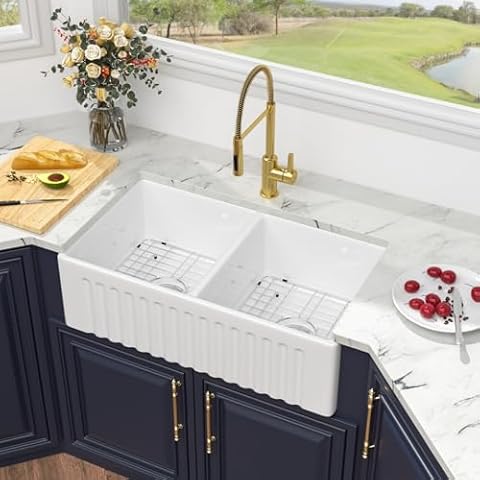 Kichae 33 Inch White Farmhouse Double Bowl Kitchen Sink Cover
