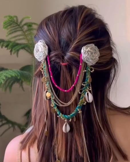 Boho Hair Accessory with Cowrie Shells, Beads and Chains, Cotton Thread Handmade Hair Pin Set
