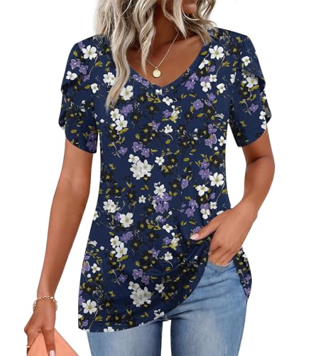 Image of CATHY 2026 Women Tops Summer Short Sleeve Tunic V Neck T-Shirts Loose Casual Floral Blouse S-4XL
