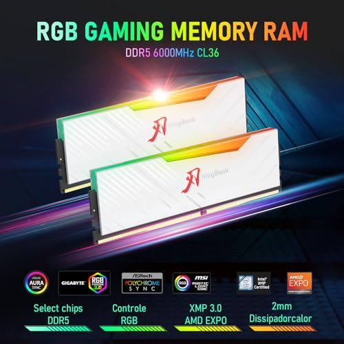 Image of KingBank RGB Computer Desktop Memory Ram DDR5 32GB(2x16GB) 6000MT /s CL36 1.35V Overclocking XMP 3.0 & AMD Expo with Heatsink for PC Gaming /Office /PS,White