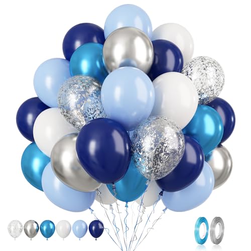 Image of Navy Blue Silver Balloons Set, 60 PCS Blue Silver White Metallic Confetti Latex Balloons for Boys Men Birthday Wedding Space Theme Party Decorations