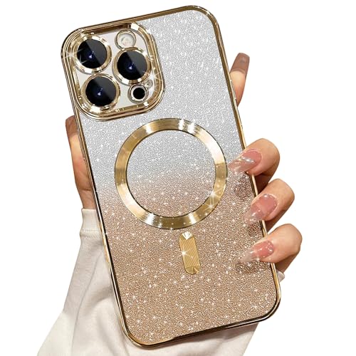 Image of Misscase for iPhone 16 Pro Max Magnetic Glitter Case Compatible with MagSafe,Camera Lens Protector Full Protection Elegant Anti-Scratch Dust-Proof Net Case Cover for iPhone 16 Pro Max Gold