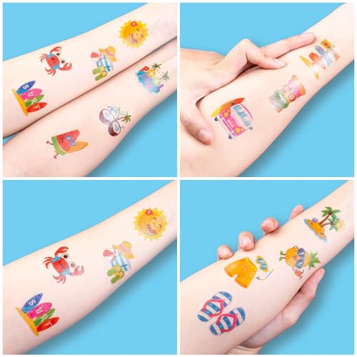Image of 96 PCS Hello Summer Beach Pool Pre-Cut Temporary Tattoos for Kids | | Super Cute Themed Birthday Party Favors, Supplies, Decorations, Hawaiian Fake Tattoo Stickers, Gifts for Boys Girls