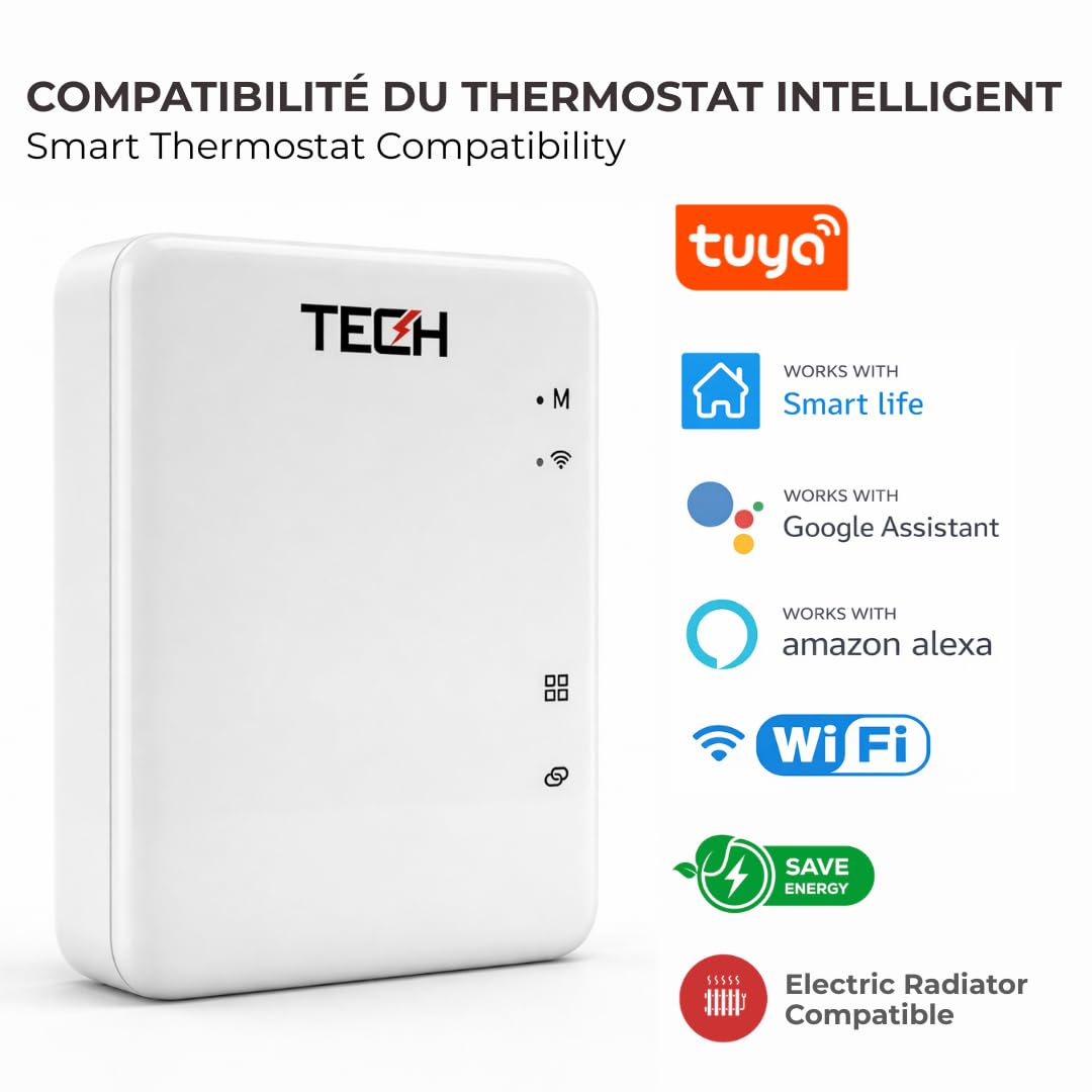 TECH Thermostat Connecté Zigbee WiFi pour Radiateur Électrique – Programmable, Contrôle à Distance, Compatible Assistant Vocal – Prime CEE BAR-TH-173
