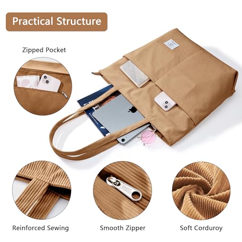Image of KALIDI Women Corduroy Tote Bag Zipper Casual Tote's Handbag Big Capacity Shoulder Bag with Pockets