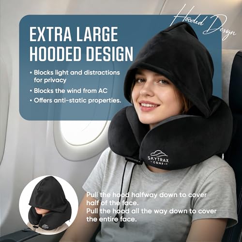 Image of SkytraxComf Travel Neck Pillow with Hood for Privacy on Long Flights | Memory Foam | Airplane Sleep | Safety-Tested Materials | Extra Large Hood | Chin Support | Earplugs | Washable Cover