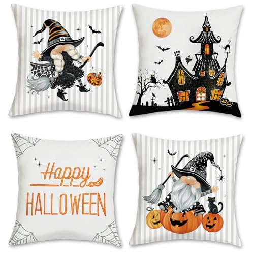 Bonhause taies Halloween gris 18x18 po, gnomes sorcière (ensemble 4)