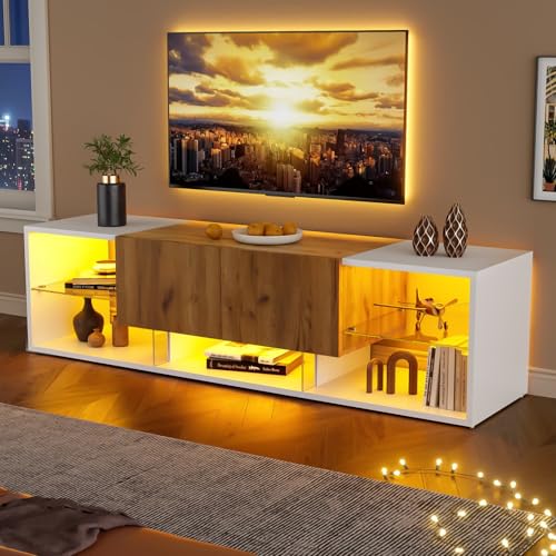 PUGSDRLY 160x40x42 cm Meuble TV Moderne, Support Télé, 2 Tiroirs, Étagère de Rangement en Verre, Adaptée aux Téléviseurs de Moins de 70