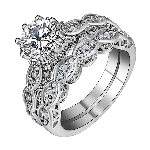 LRGKMCWTOB 3.45ct 925 Sterling Silver Wedding Sets for Women Cubic Zirconia Halo Anniversary Ring Wedding Band Engagement Ring Bridal Set Cubic Zirconia CZ Stackable Ring (Size 8）