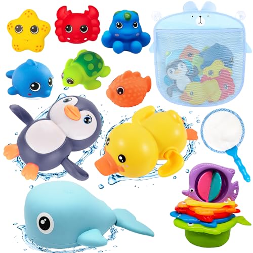 Chennyfun Conjunto Juguetes para Baño, 17 Piezas Baby Bath Toys Incluye Pingüinos, Patos, Ballenas, Pulpos, Estrellas de Mar y Otros Simpáticos Animales para Niños Pequeños de 1, 2, 3, 4, 5, 6 Años