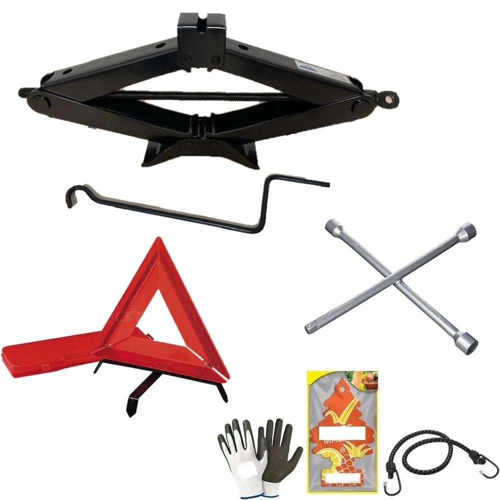 Gato pantógrafo de 2 toneladas + llave de cruz + triángulo de emergencia de carretera para coche compatible con Infiniti QX70 3 artículos homologados para perforación o cambio de goma coche