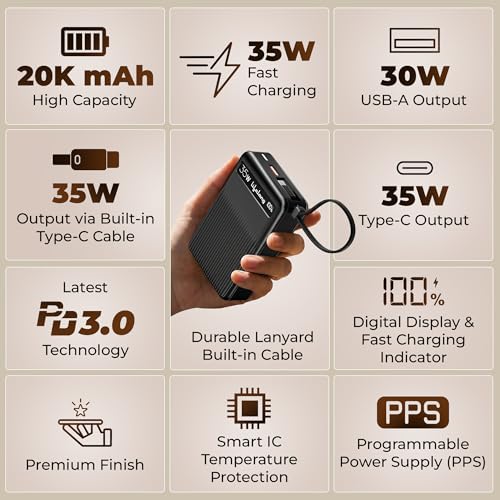 Image of Lifelong Electronics 20000mAH 35W Fast Charging Small Pocket Size Power Bank | Built-in 35W (1.5X Faster) Type-C Cable & Port | Flight Friendly | USB-A (30 W) Output Powerbank for iPhone, Android, Mac