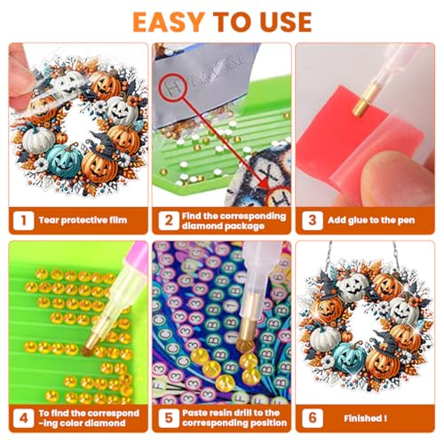 Image of PATPAT DIY Halloween Ornament Diamond Art Craft Kit, 9.4'' Dia Door Hanging Ornament, Classic Pumpkin Design, DIY Diamond Art Wreath for Halloween Room Decor, Party